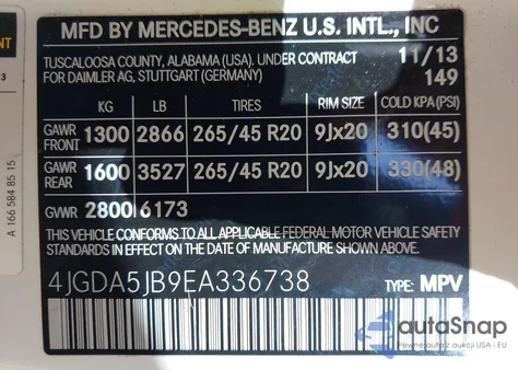 2014 Mercedes-Benz Ml 350 from USA, damaged, VIN 4JGDA5JB9EA336738